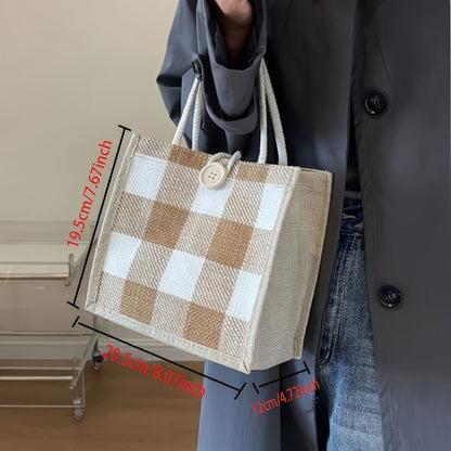 Tote Bag for Women – for Everyday Use, Plaid Jute Vintage Woven Gift – detail view 6