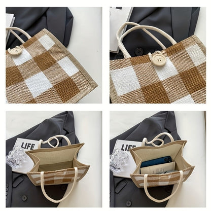 Tote Bag for Women – for Everyday Use, Plaid Jute Vintage Woven Gift – detail view 10