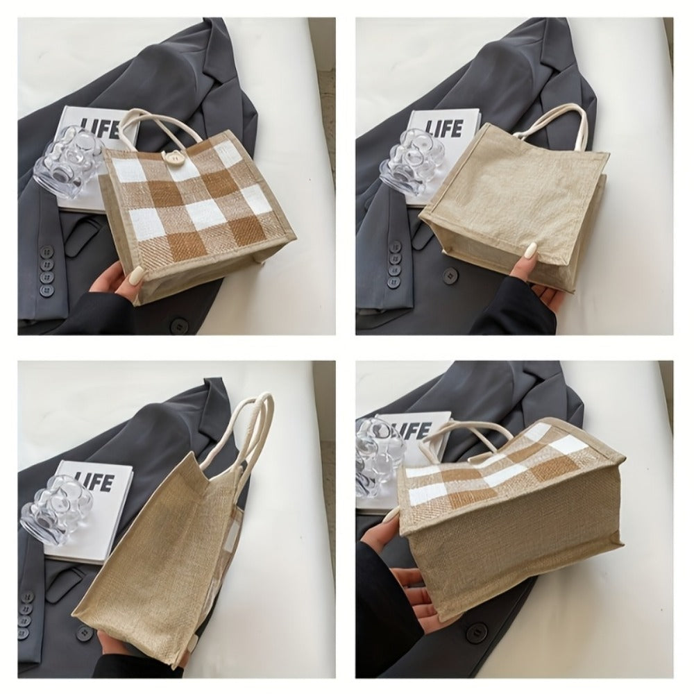 Tote Bag for Women – for Everyday Use, Plaid Jute Vintage Woven Gift – detail view 12