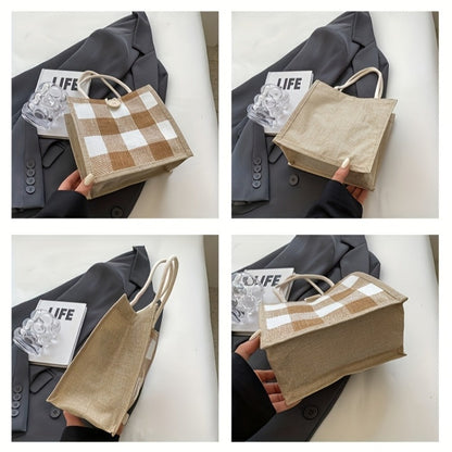 Tote Bag for Women – for Everyday Use, Plaid Jute Vintage Woven Gift – detail view 12