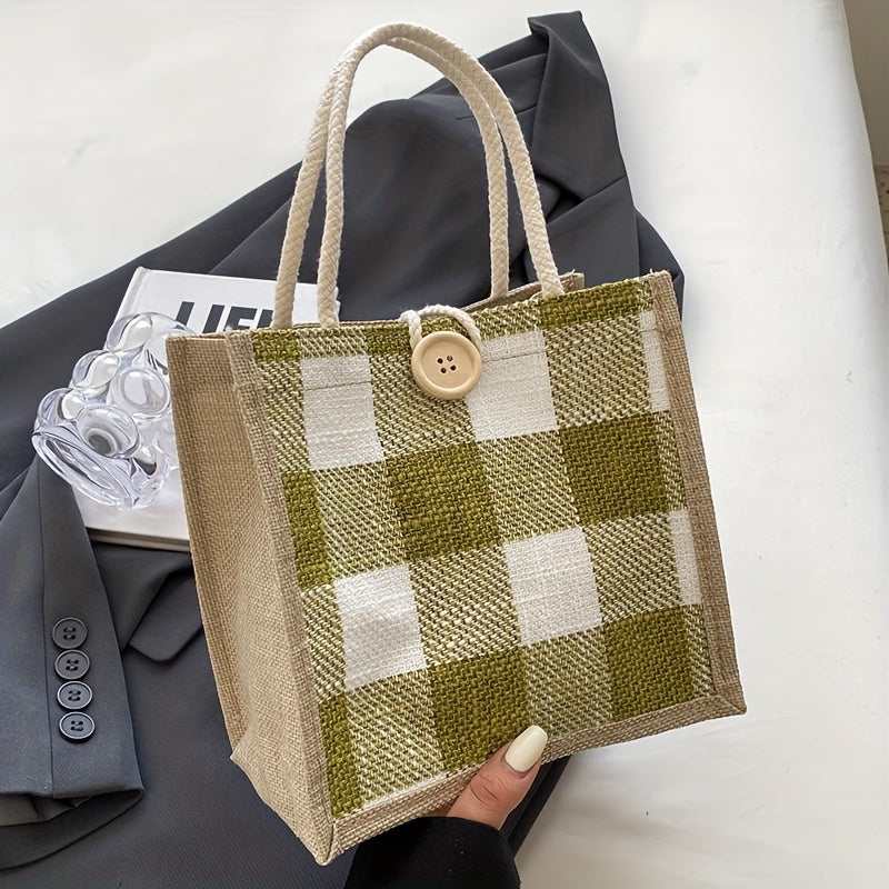 Tote Bag for Women – for Everyday Use, Plaid Jute Vintage Woven Gift – alternate view