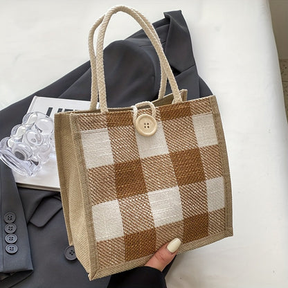 Tote Bag for Women – for Everyday Use, Plaid Jute Vintage Woven Gift – detail view 3