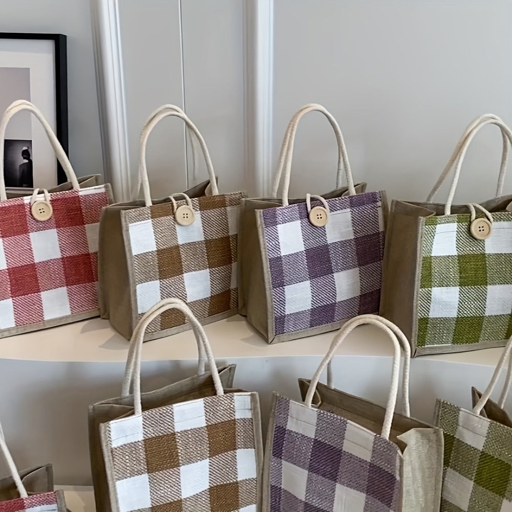 Tote Bag for Women – for Everyday Use, Plaid Jute Vintage Woven Gift – front view