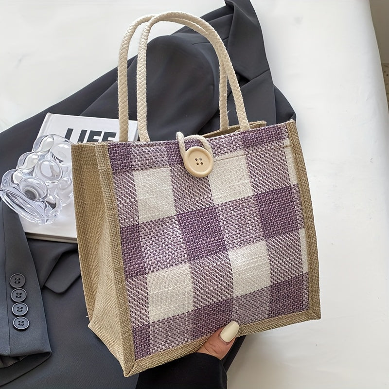 Tote Bag for Women – for Everyday Use, Plaid Jute Vintage Woven Gift – detail view 4