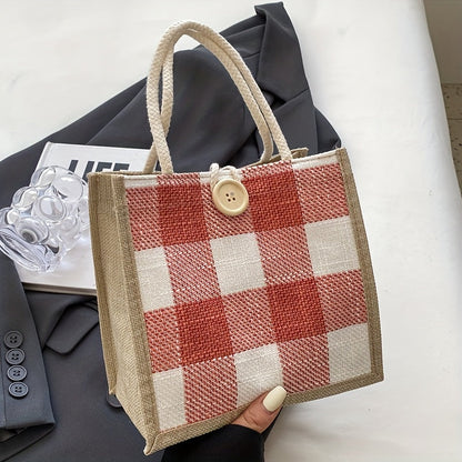 Tote Bag for Women – for Everyday Use, Plaid Jute Vintage Woven Gift – detail view 2