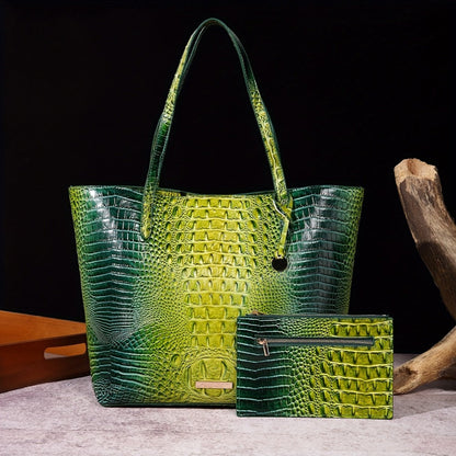 Tote Bag for Women – Large Capacity, Crocodile Pattern Two Piece Set – detail view 17