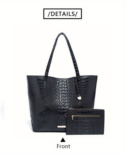 Tote Bag for Women – Large Capacity, Crocodile Pattern Two Piece Set – detail view 27