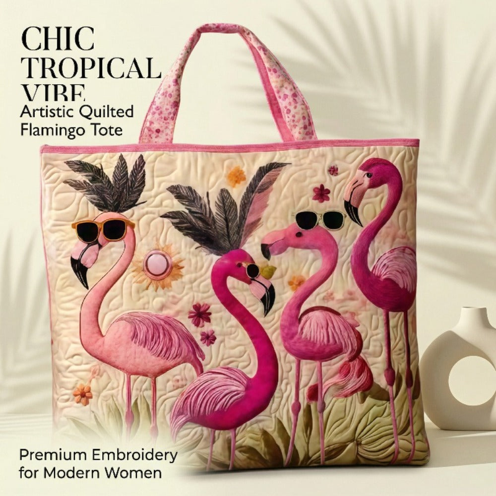 Tote Bag for Women – Quilted, Flamingo Tropical Summer Quilted Applique – detail view 11
