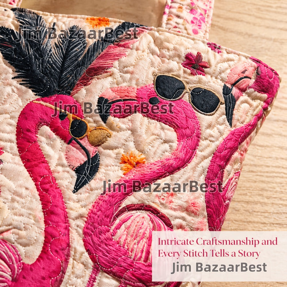 Tote Bag for Women – Quilted, Flamingo Tropical Summer Quilted Applique – detail view 4