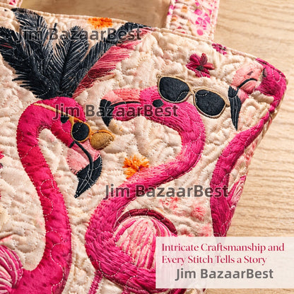 Tote Bag for Women – Quilted, Flamingo Tropical Summer Quilted Applique – detail view 4