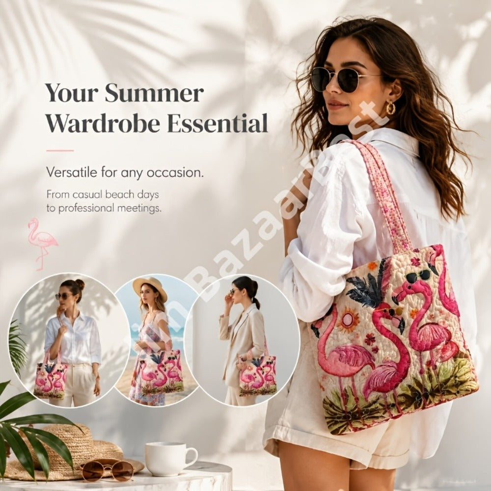 Tote Bag for Women – Quilted, Flamingo Tropical Summer Quilted Applique – detail view 5