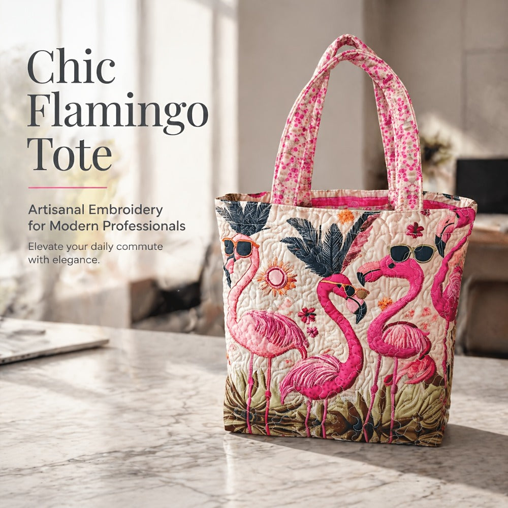 Tote Bag for Women – Quilted, Flamingo Tropical Summer Quilted Applique – front view