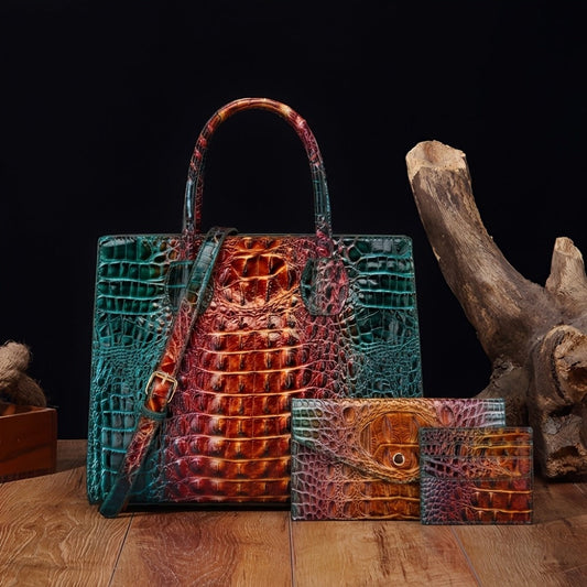 Women's Wallet – 3-Piece, Piece Crocodile Pattern Set Clutch – front view
