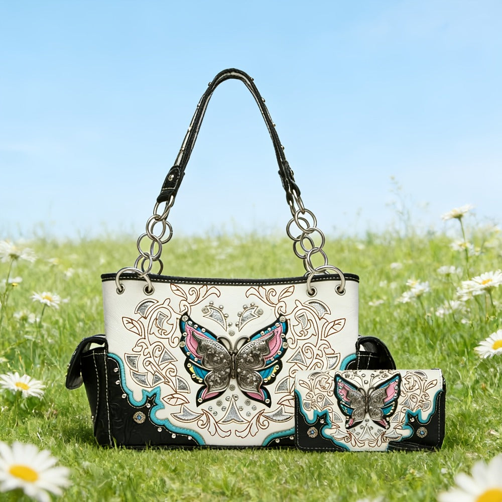 Women's Wallet – Adjustable Strap, Western Style Rhinestone Butterfly Flower – detail view 2