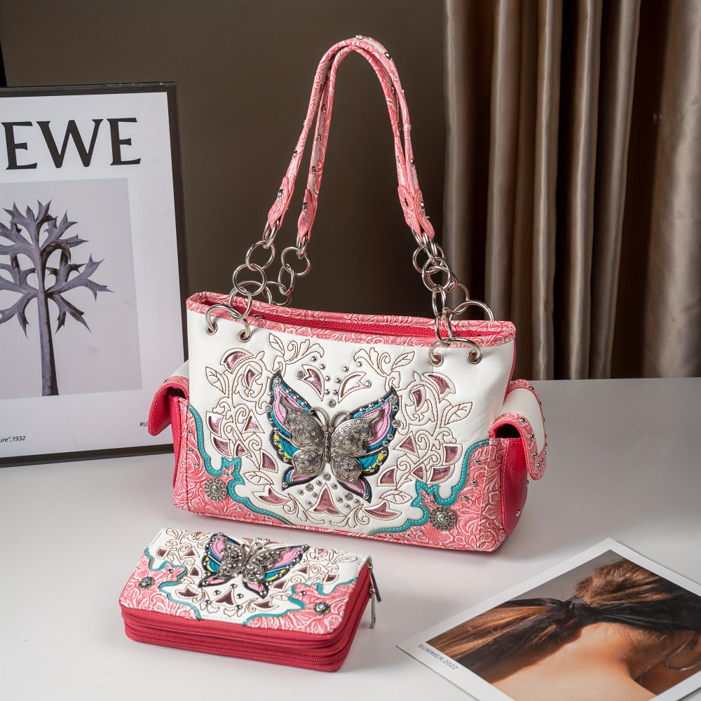 Women's Wallet – Adjustable Strap, Western Style Rhinestone Butterfly Flower – detail view 7