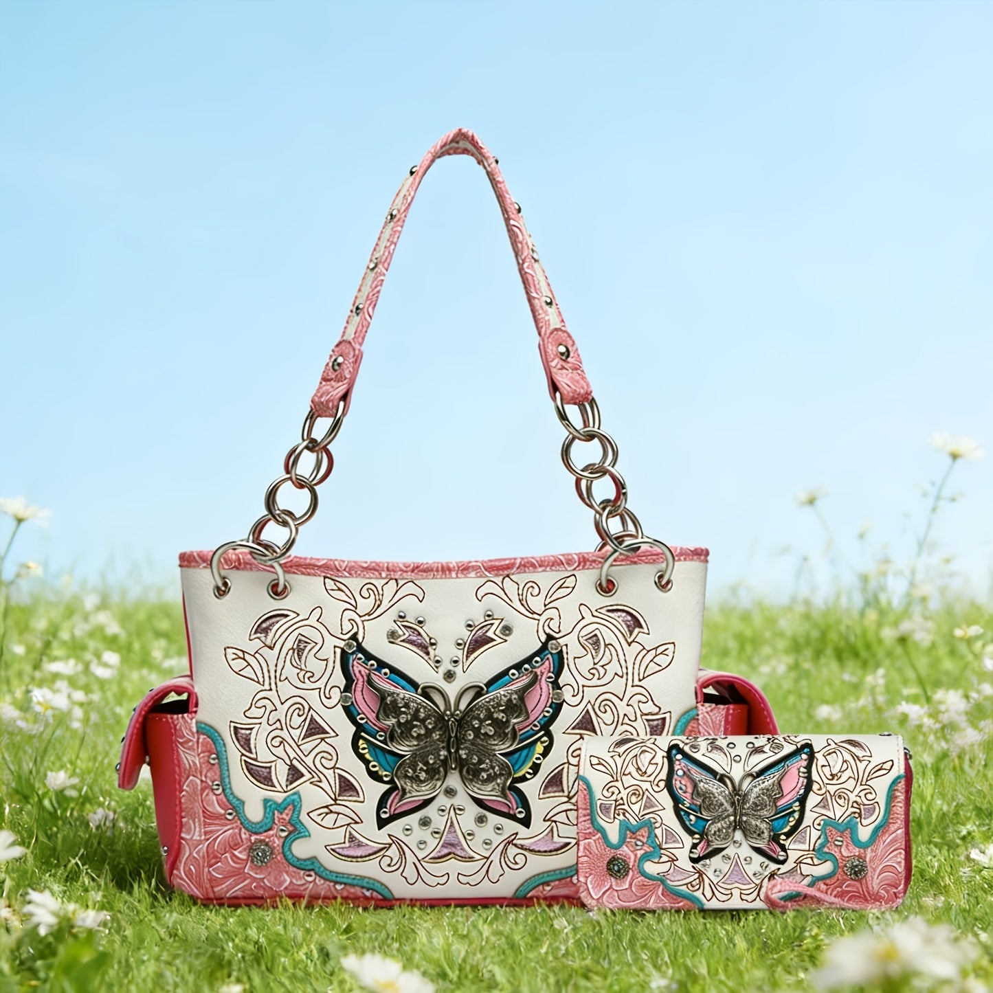 Women's Wallet – Adjustable Strap, Western Style Rhinestone Butterfly Flower – detail view 15