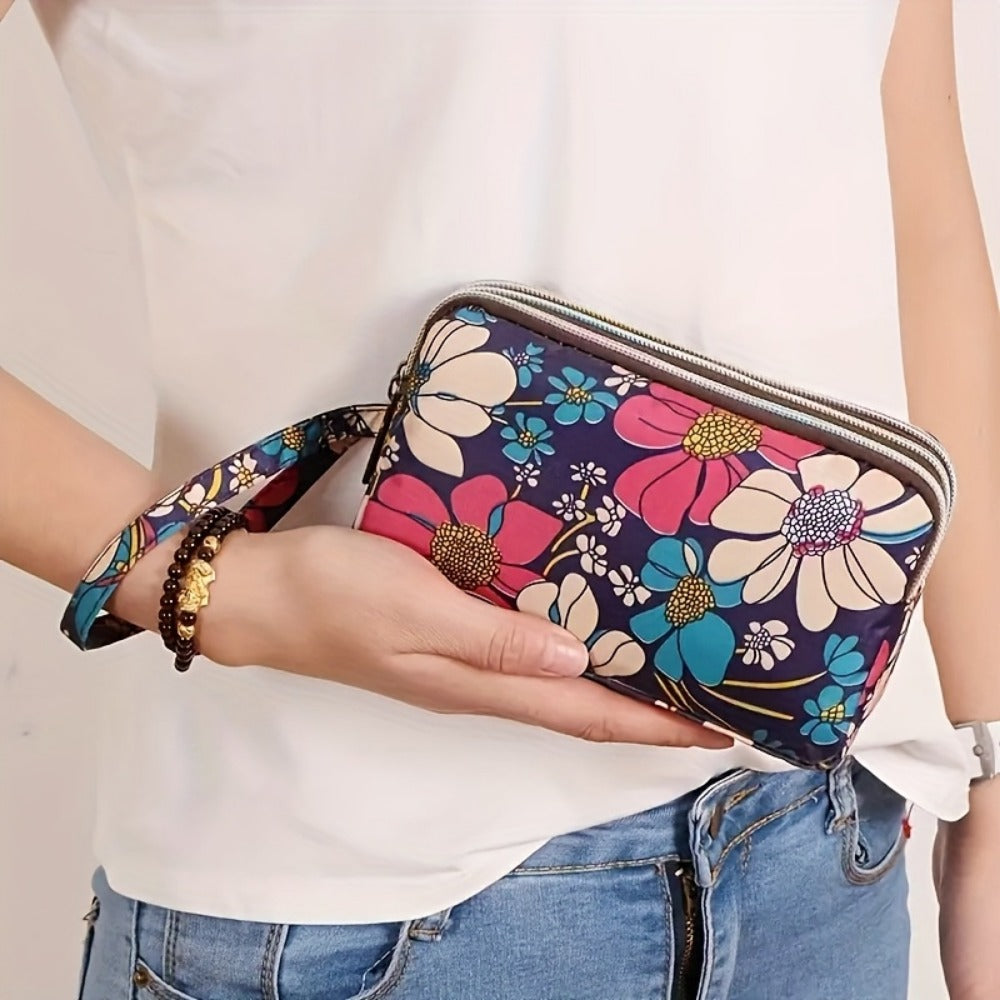 Women's Wallet – for Everyday Use, Floral Layer Zipper Multi Compartment – front view