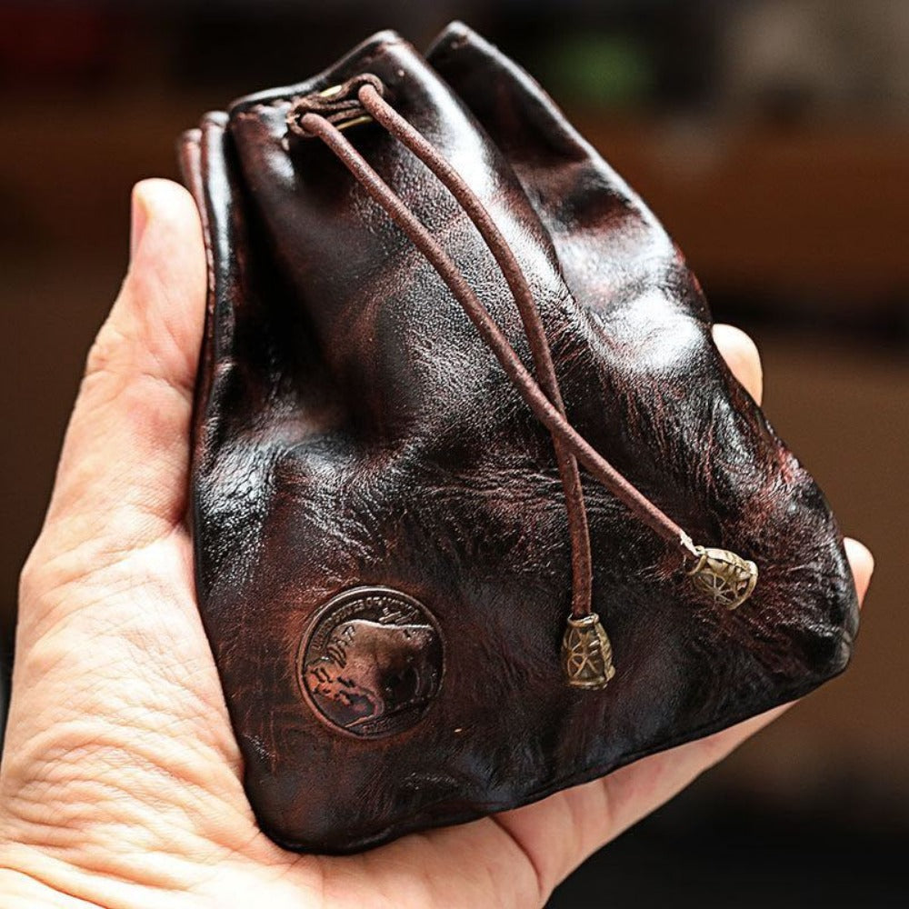 Women's Wallet – Genuine Leather, Genuine Leather Coin Drawstring Pouch – front view
