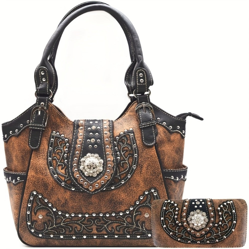 Women's Wallet – Multi-Pocket, Western Cowgirl Rhinestone Studded Set – front view