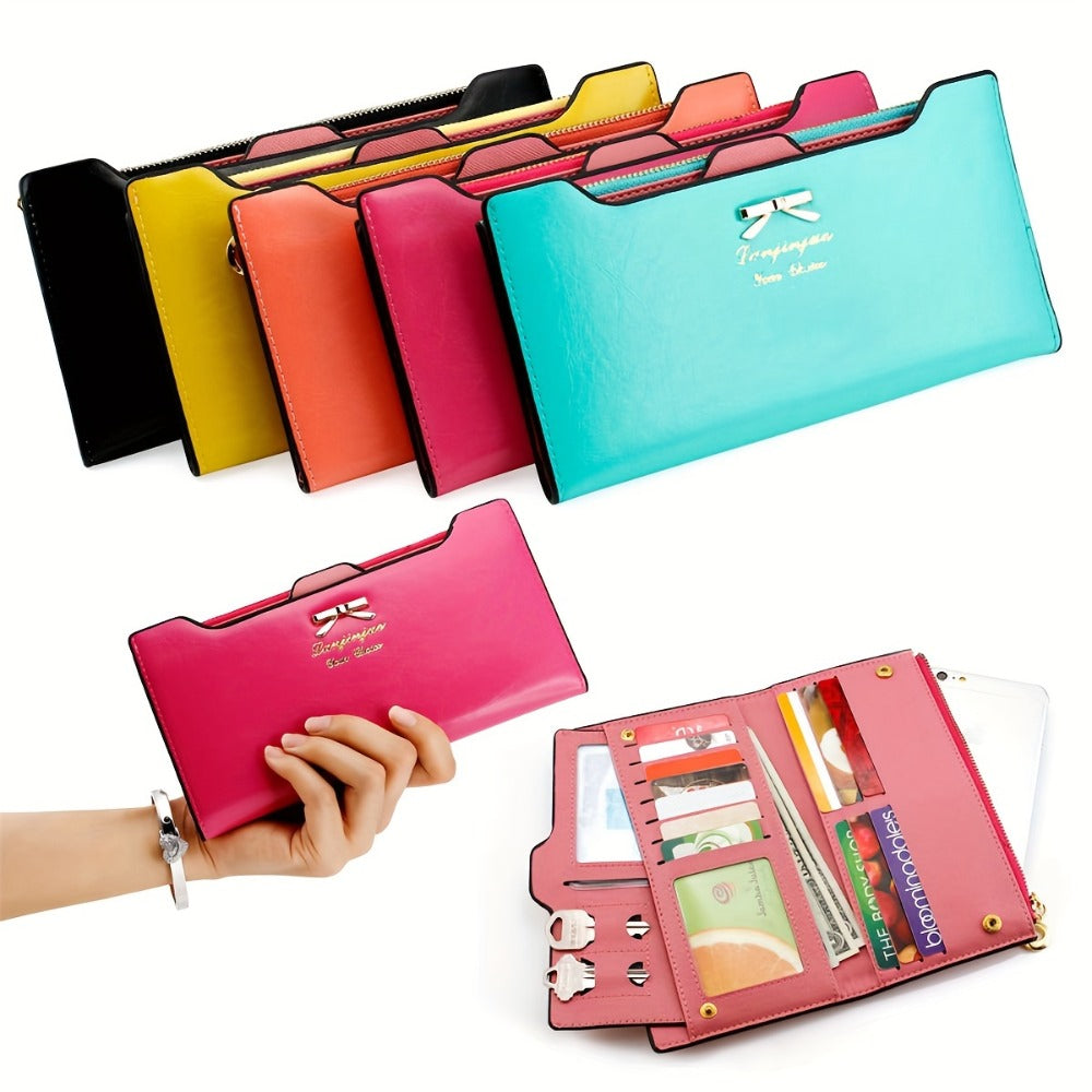 Women's Wallet – PU Leather, Bowknot Long Pu Leather Zipper – front view