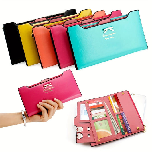 Women's Wallet – PU Leather, Bowknot Long Pu Leather Zipper – front view