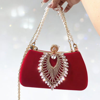 Women's Wallet – Velvet Evening Clutch Rhinestone Pearl – front view