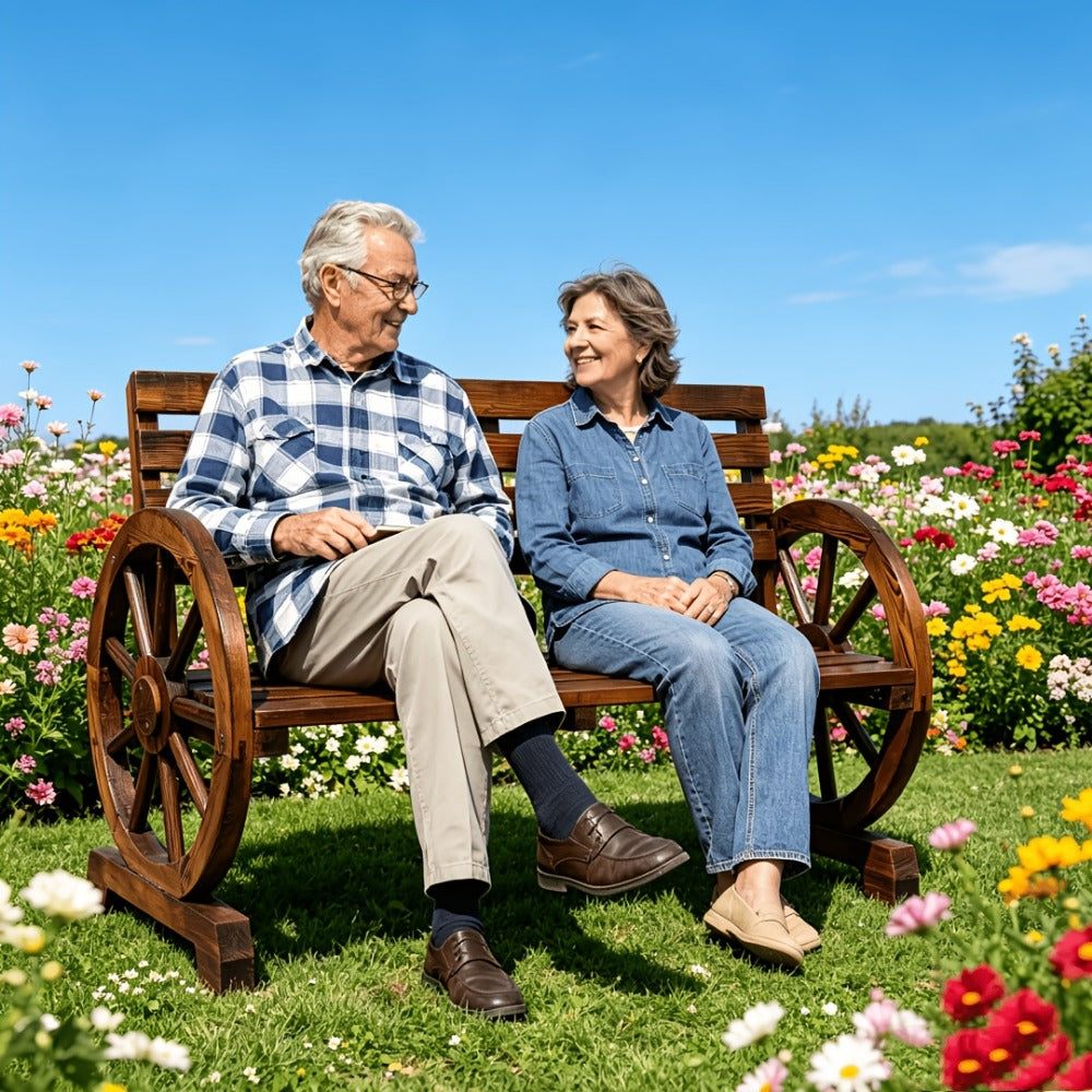 Outdoor Bench, 2-Person Outdoor Wooden Wagon Wheel Bench with Slatted Seat & Backrest shown in the main product view