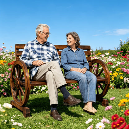 Outdoor Bench, 2-Person Outdoor Wooden Wagon Wheel Bench with Slatted Seat & Backrest shown in the main product view