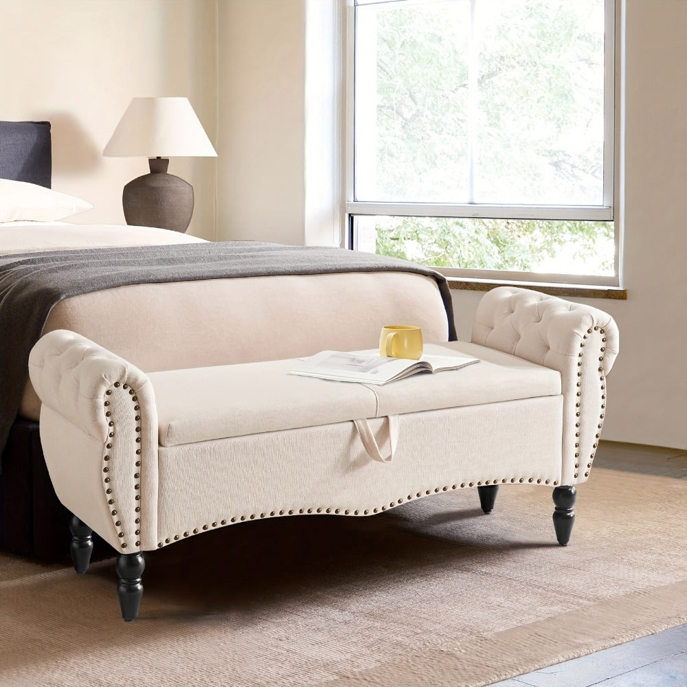 Storage Ottoman, Mid-Century Modern with Roll-Up Arms Flip-Top Wooden Storage Bench shown in the main product view
