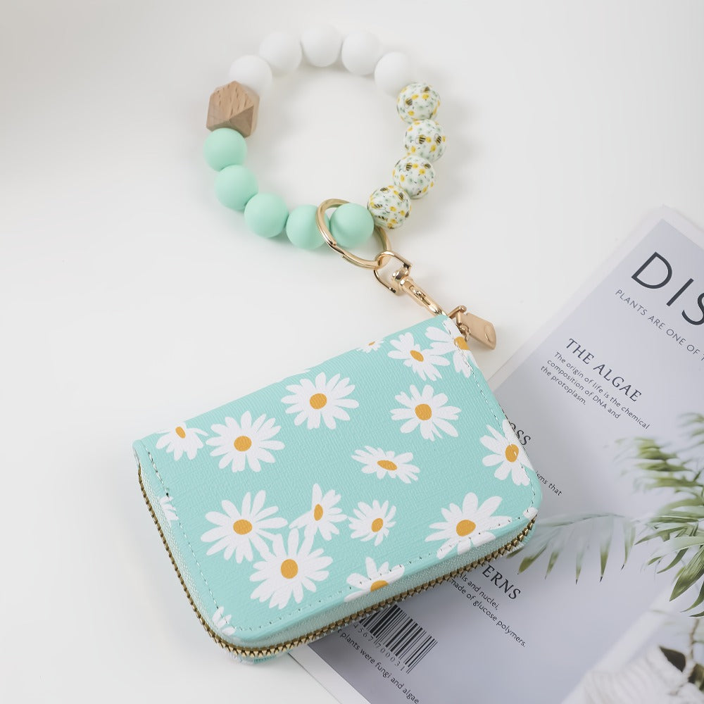 Wristlet Keychain - Card Holder - Daisy Beaded Accordion Zipper Pouch with Multi-Card Slots - product detail view 8