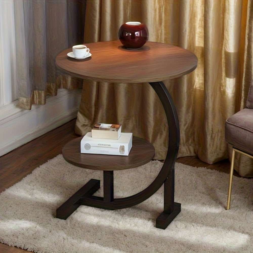 Side Table, Wrought Iron Wood with Marble Pattern Top Storage Shelf Black Metal Frame MDF shown in the main product view